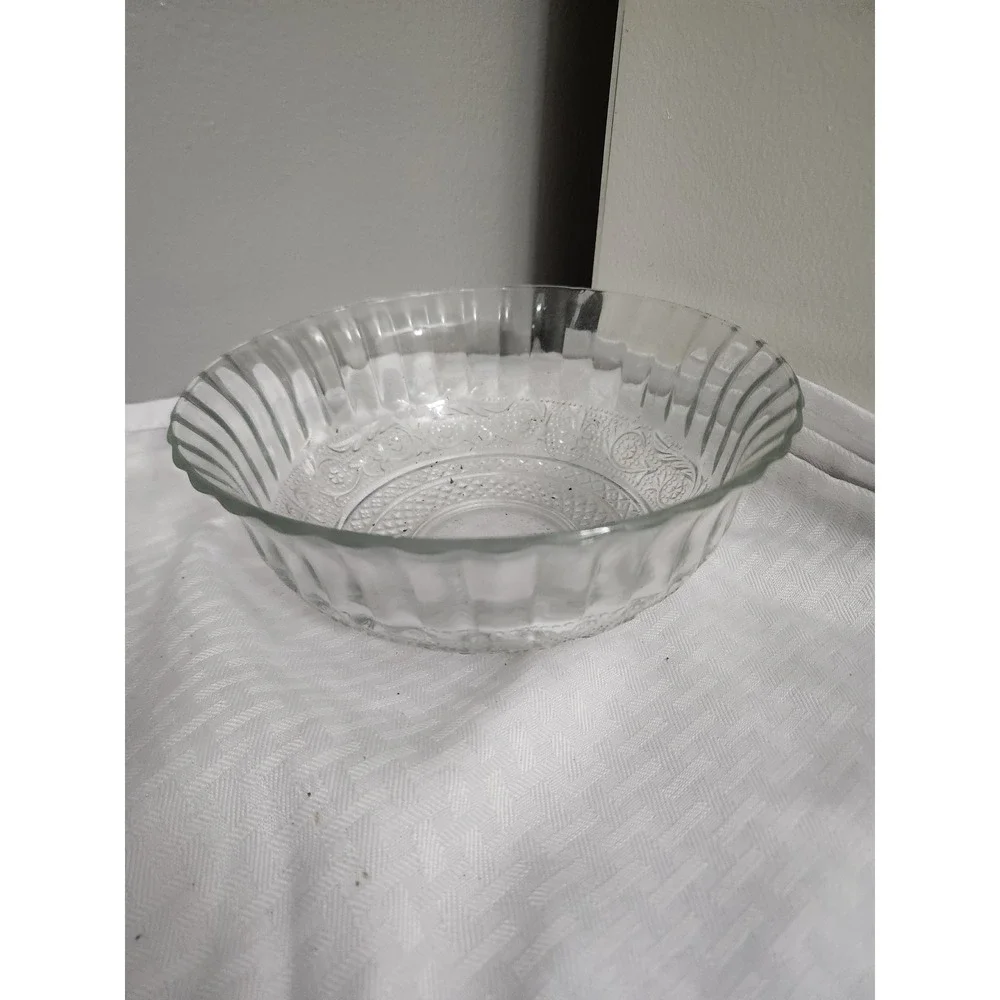 Vintage Clear Pressed Glass Bowl Scalloped Ribbed Edge Embossed Pattern 8 Inch